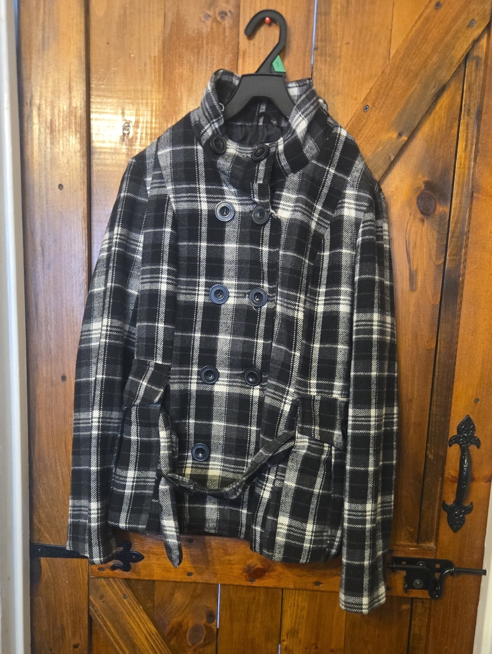 New Look Black and White Plaid Double-Breasted Pea Coat
